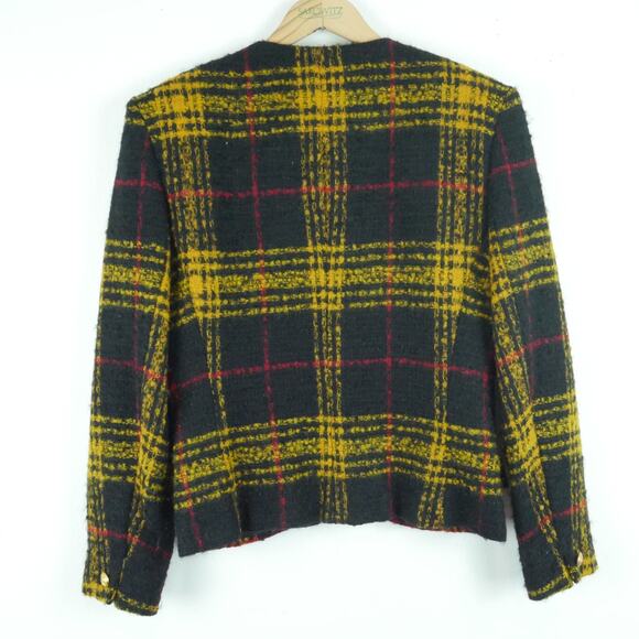 Vintage Size 4 Jacket Crop Blazer 90s Elegant Luxury Plaid Yellow Black Tweed - Picture 7 of 9
